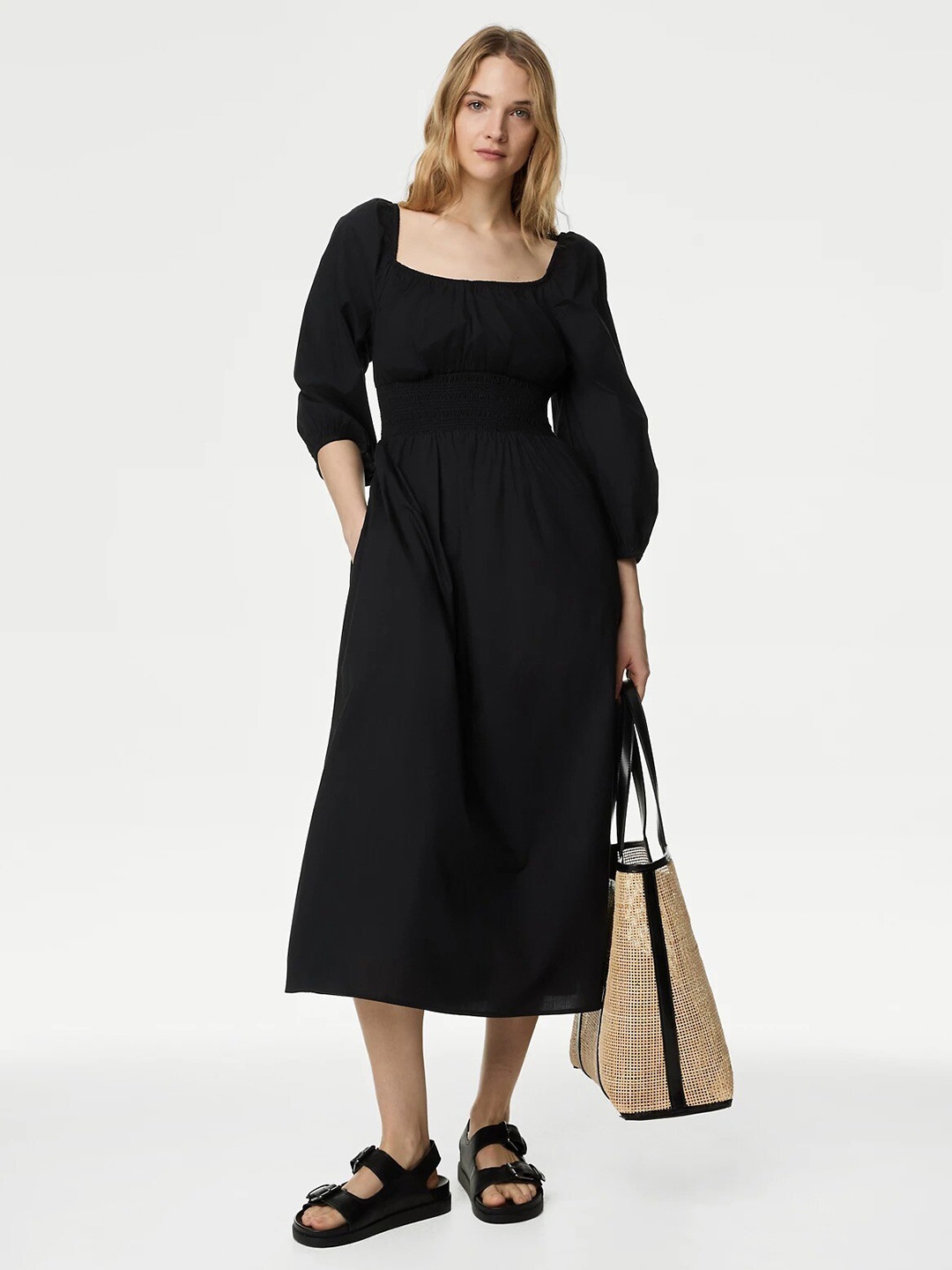 

Marks & Spencer Puff Sleeve Fit & Flare Midi Dress, Black