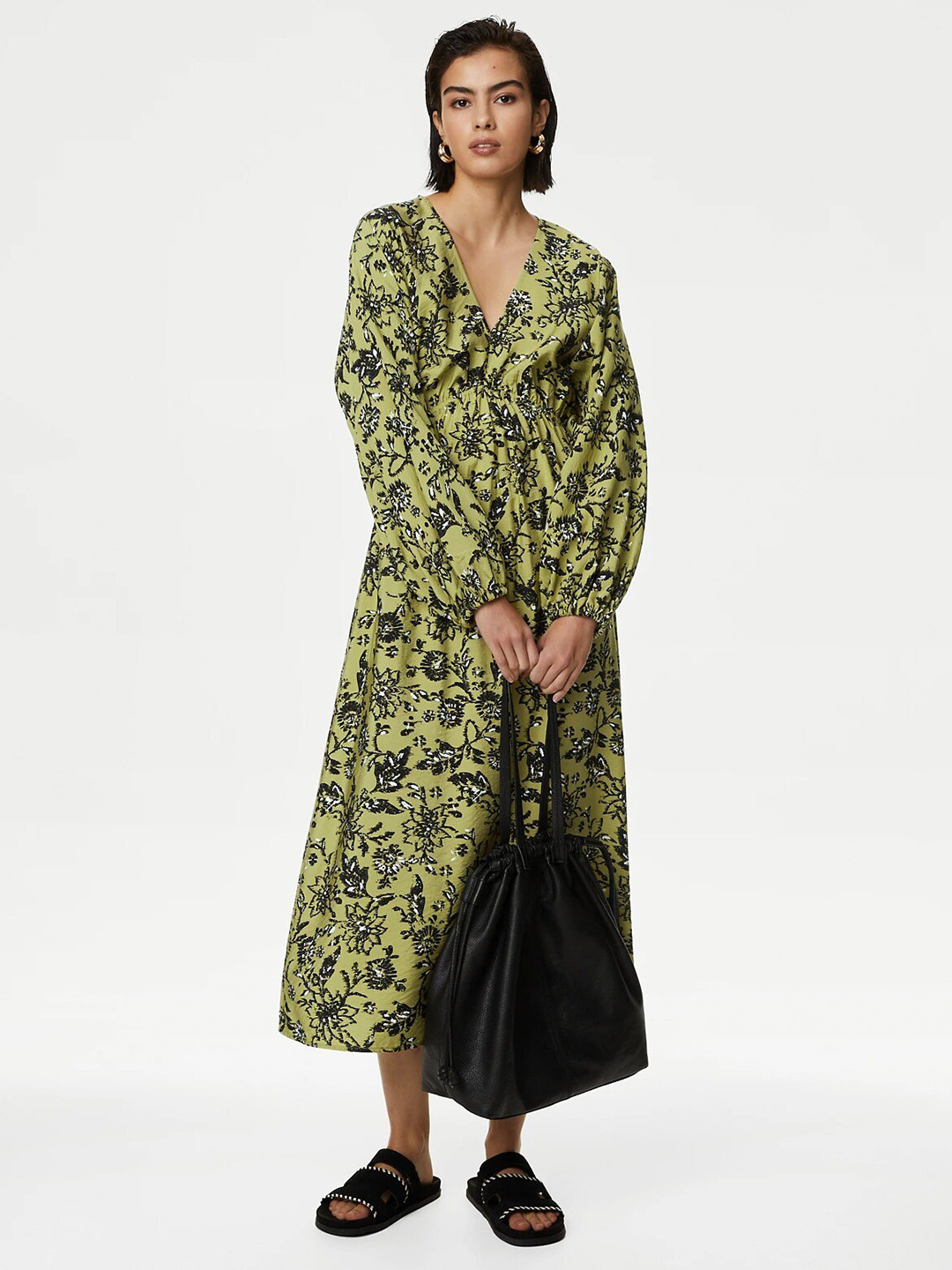

Marks & Spencer Floral Print A-Line Midi Dress, Green