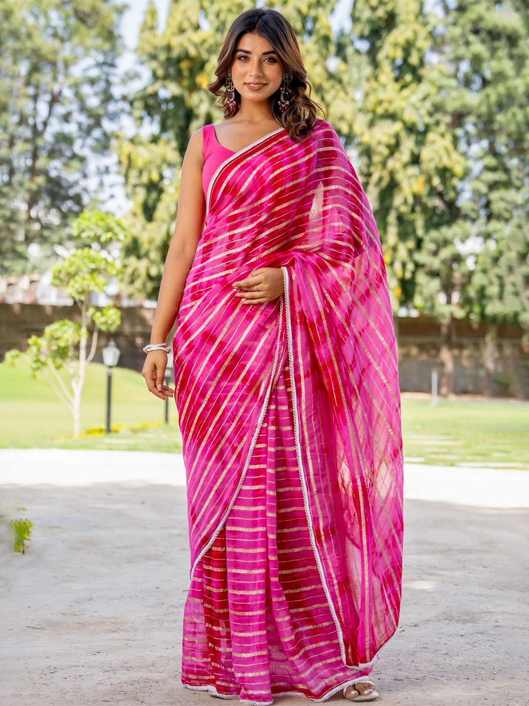 

HOUSE OF JAMOTI Striped Embellished Gotta Patti Saree, Pink