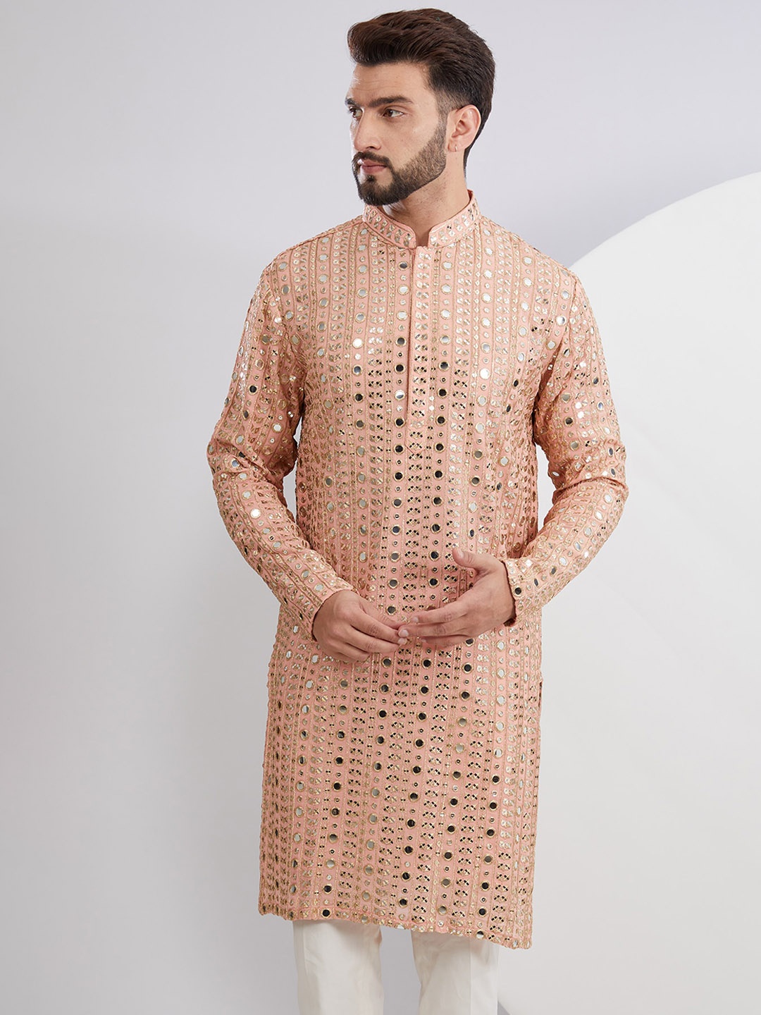 

KASBAH CLOTHING NISHCHAIY SAJDEH Men Ethnic Motifs Printed Thread Work Georgette Kurta, Peach