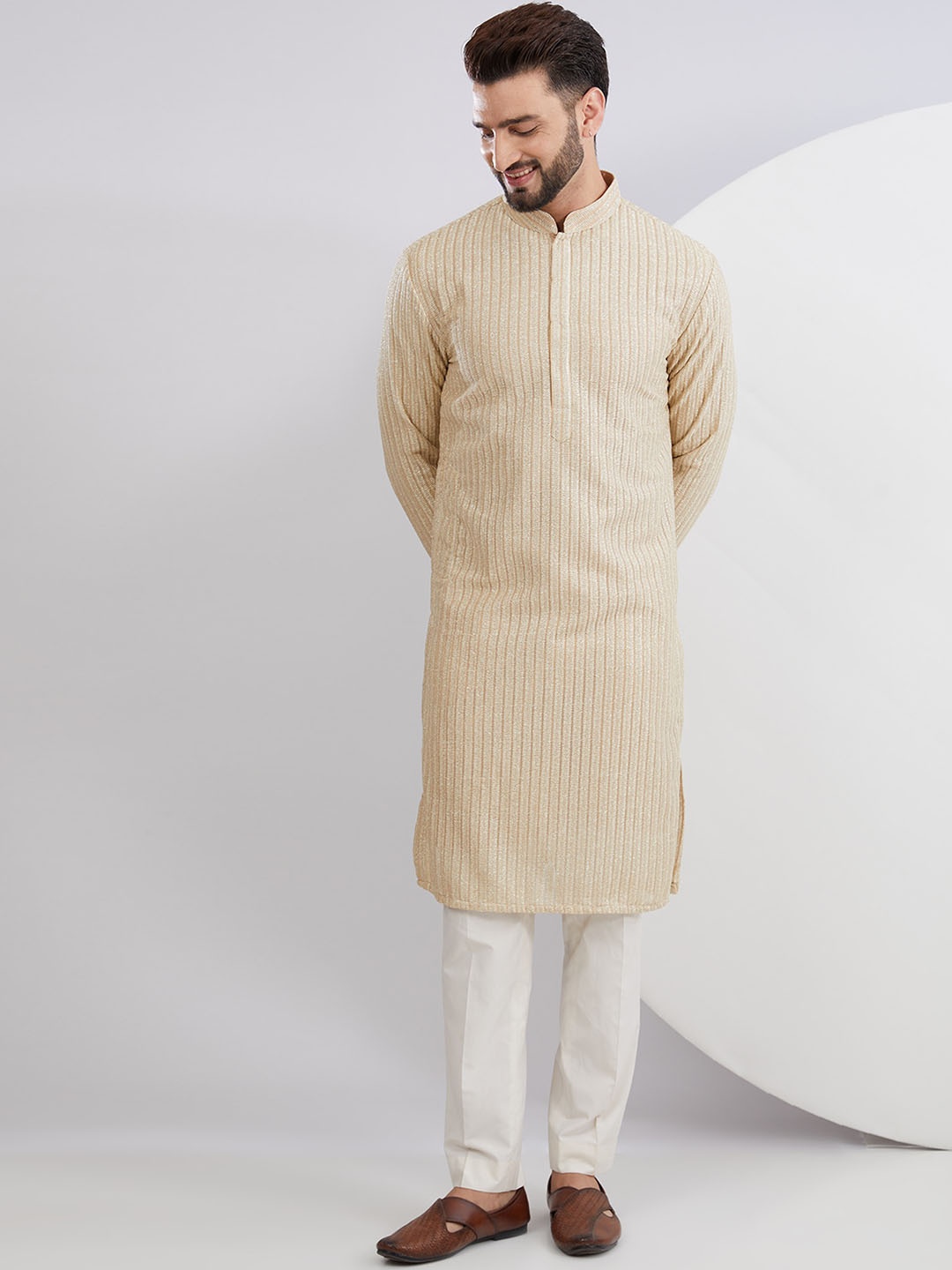 KASBAH CLOTHING NISHCHAIY SAJDEH Men Thread Work Georgette Kurta, Gold