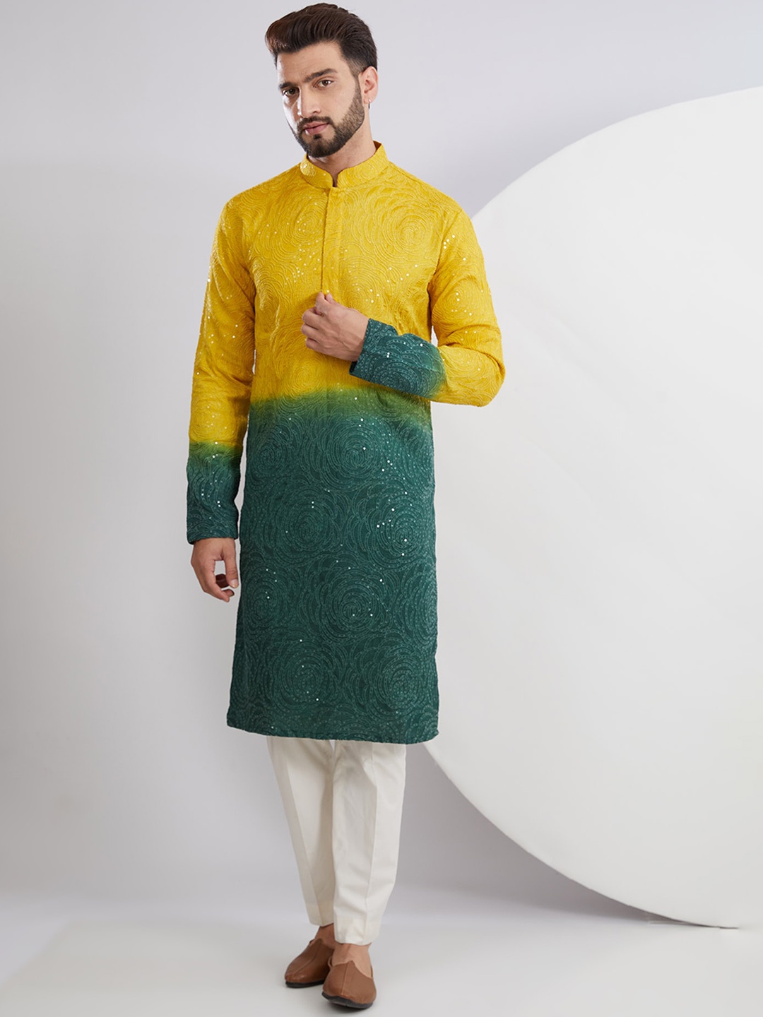 

KASBAH CLOTHING NISHCHAIY SAJDEH Men Thread Work Kurta, Yellow