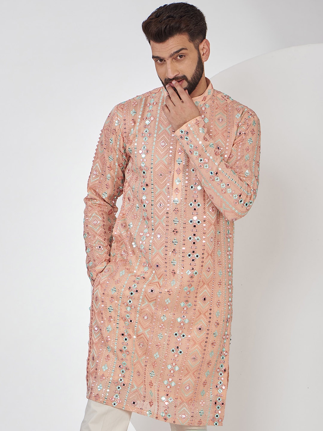 

KASBAH CLOTHING NISHCHAIY SAJDEH Men Ethnic Motifs Thread Work Georgette Kurta, Peach