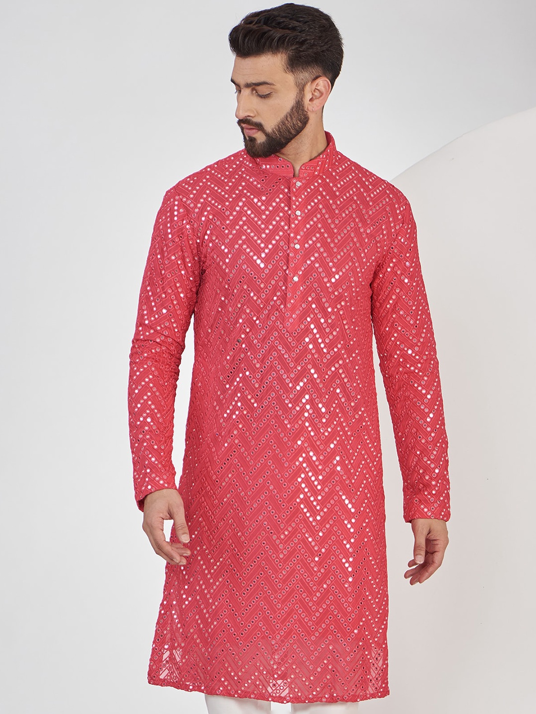 

KASBAH CLOTHING NISHCHAIY SAJDEH Men Geometric Thread Work Georgette Pathani Kurta, Pink