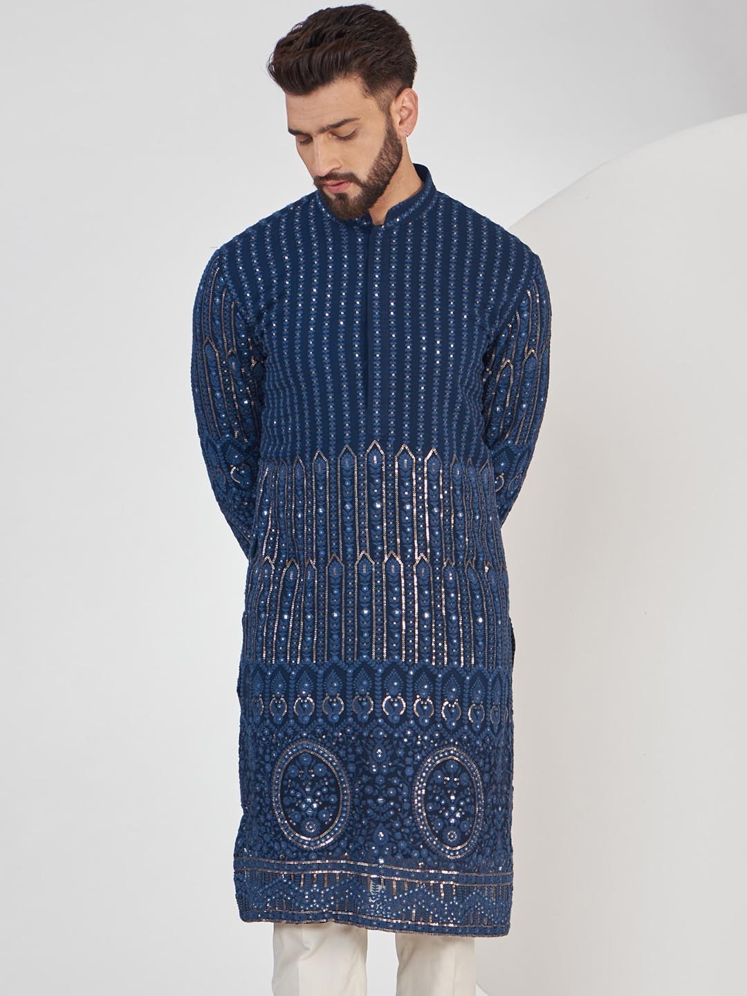 

KASBAH CLOTHING NISHCHAIY SAJDEH Men Ethnic Motifs Georgette Kurta, Blue
