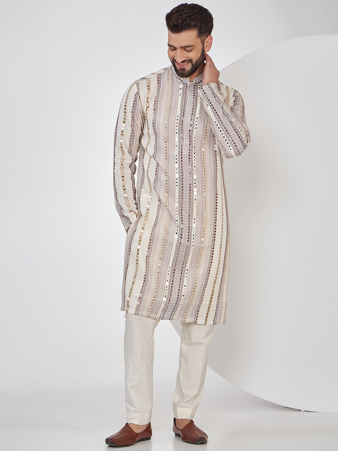 

KASBAH CLOTHING NISHCHAIY SAJDEH Men Thread Work Georgette Kurta, Beige