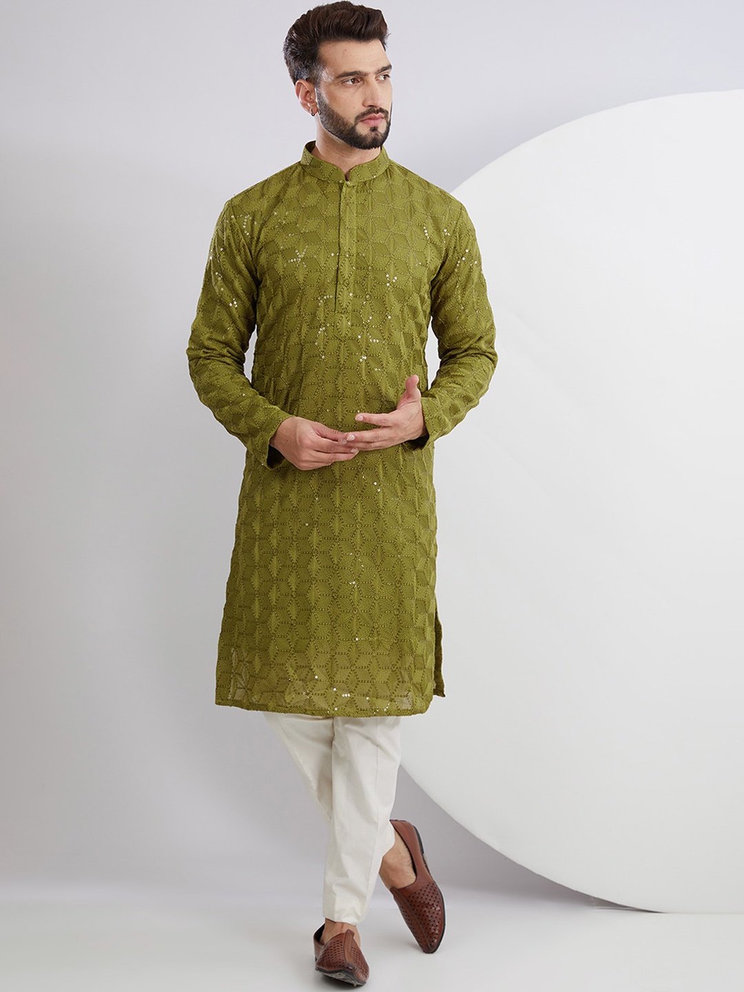 KASBAH CLOTHING NISHCHAIY SAJDEH Men Thread Work Georgette Kurta, Green