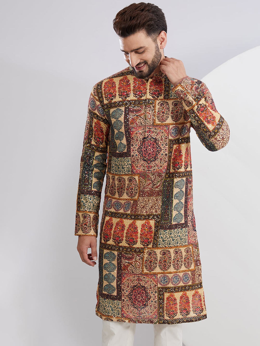 

KASBAH CLOTHING NISHCHAIY SAJDEH Men Paisley Printed Extended Sleeves Georgette Kurta, Multi