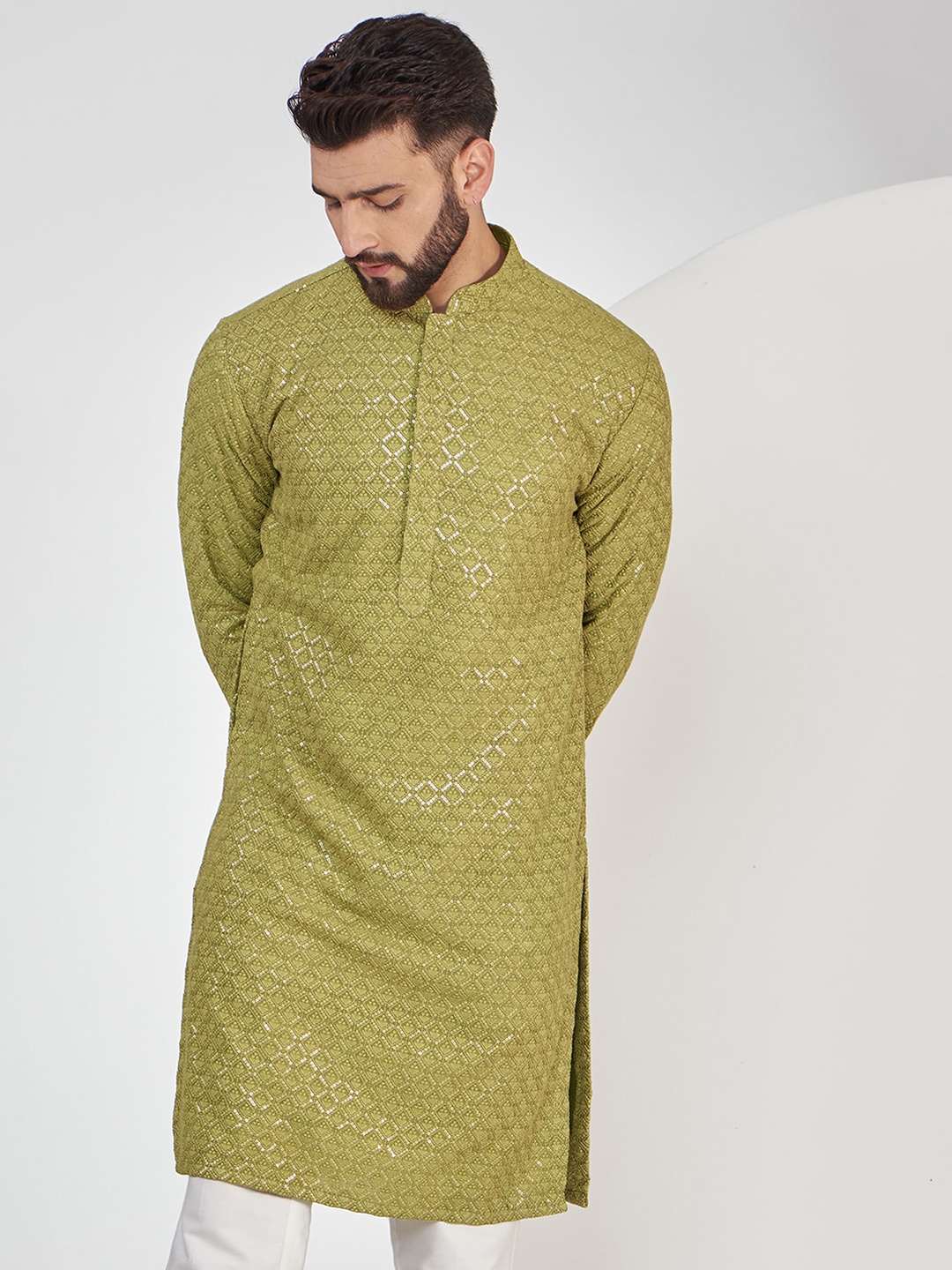 

KASBAH CLOTHING NISHCHAIY SAJDEH Men Embroidered Thread Work Kurta, Green