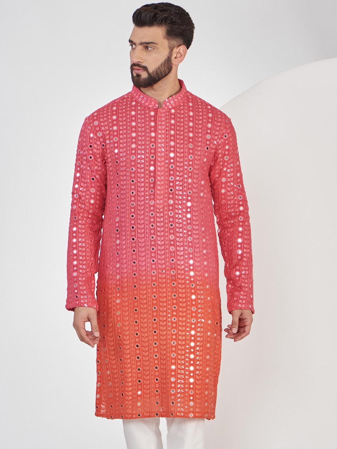 

KASBAH CLOTHING NISHCHAIY SAJDEH Men Geometric Mirror Work Georgette Kurta, Pink