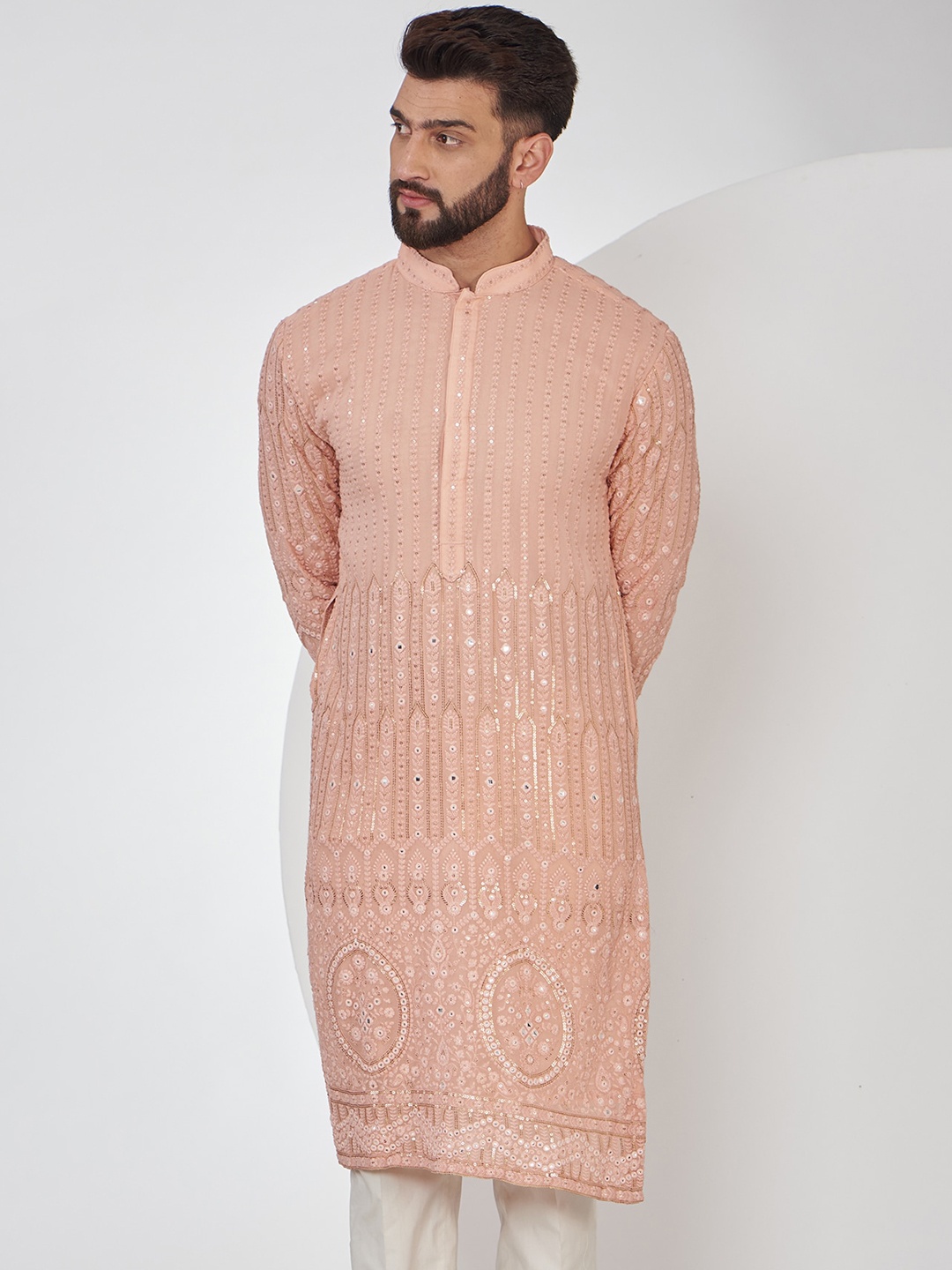 

KASBAH CLOTHING NISHCHAIY SAJDEH Men Ethnic Motifs Chikankari Georgette Kurta, Peach