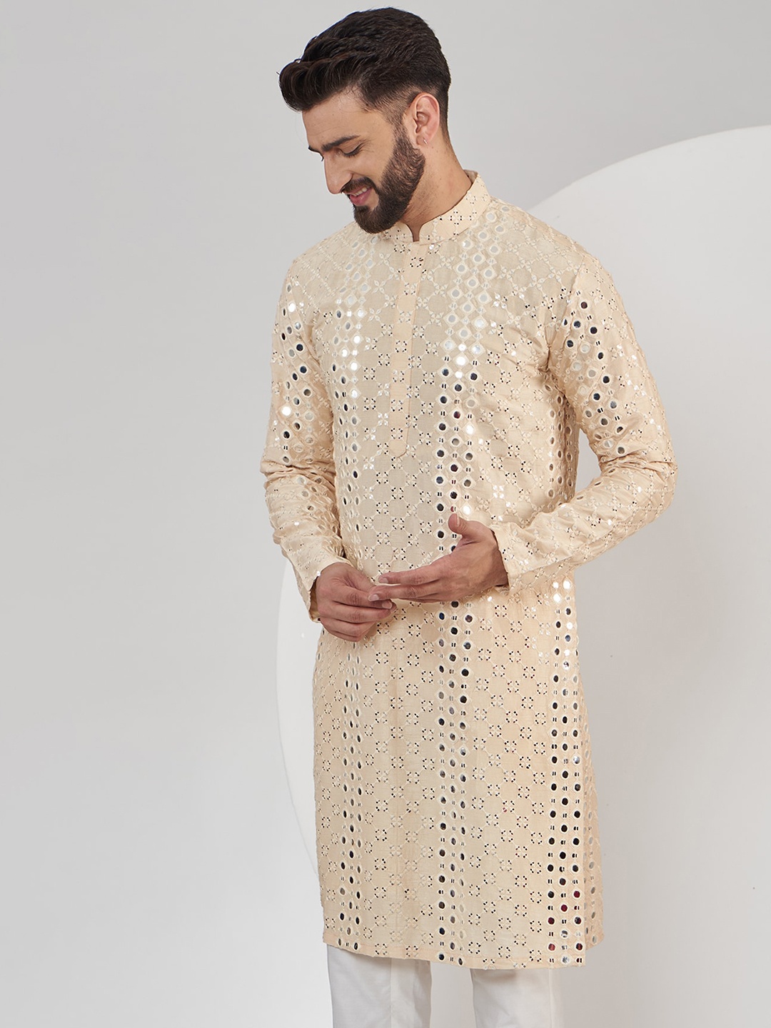 

KASBAH CLOTHING NISHCHAIY SAJDEH Men Thread Work Kurta, Beige