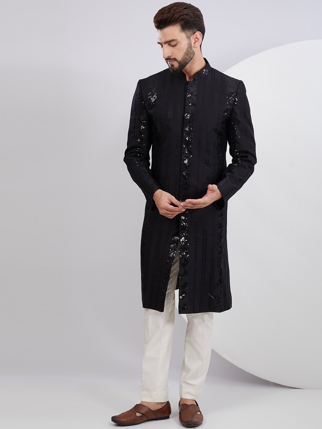 

KASBAH CLOTHING NISHCHAIY SAJDEH Ethnic Motifs Embroidered Sequinned Silk Kurta, Black