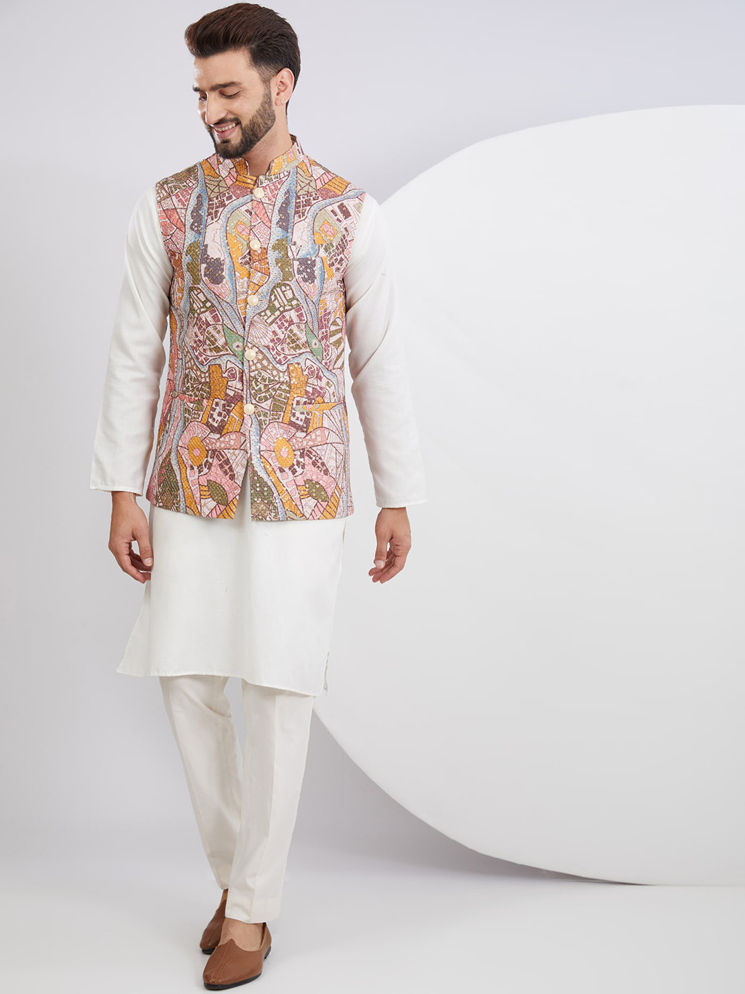 

KASBAH CLOTHING NISHCHAIY SAJDEH Men Embroidered Thread Work Georgette Kurta, Multi