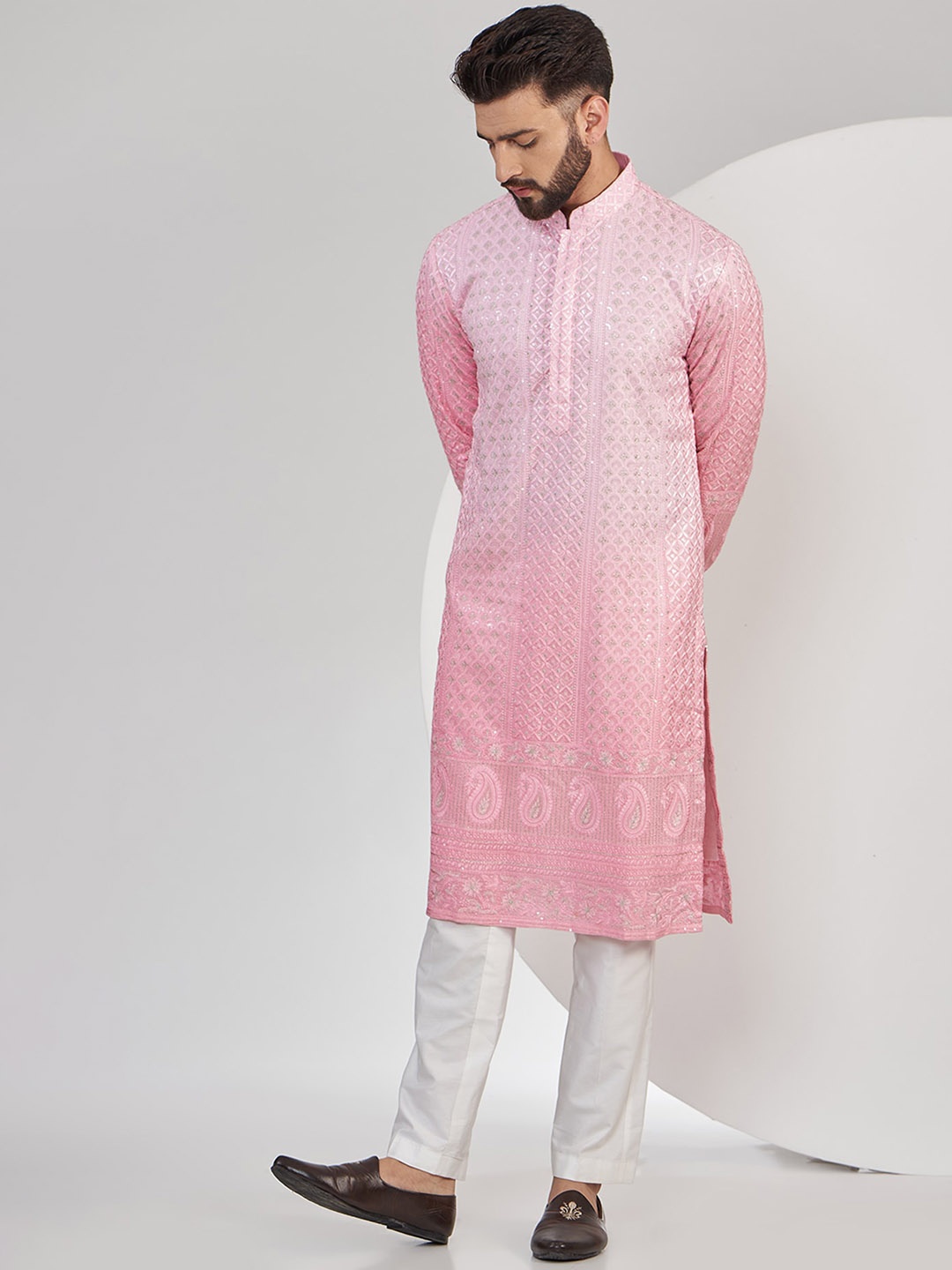 

KASBAH CLOTHING NISHCHAIY SAJDEH Men Chikankari Georgette Kurta, Pink