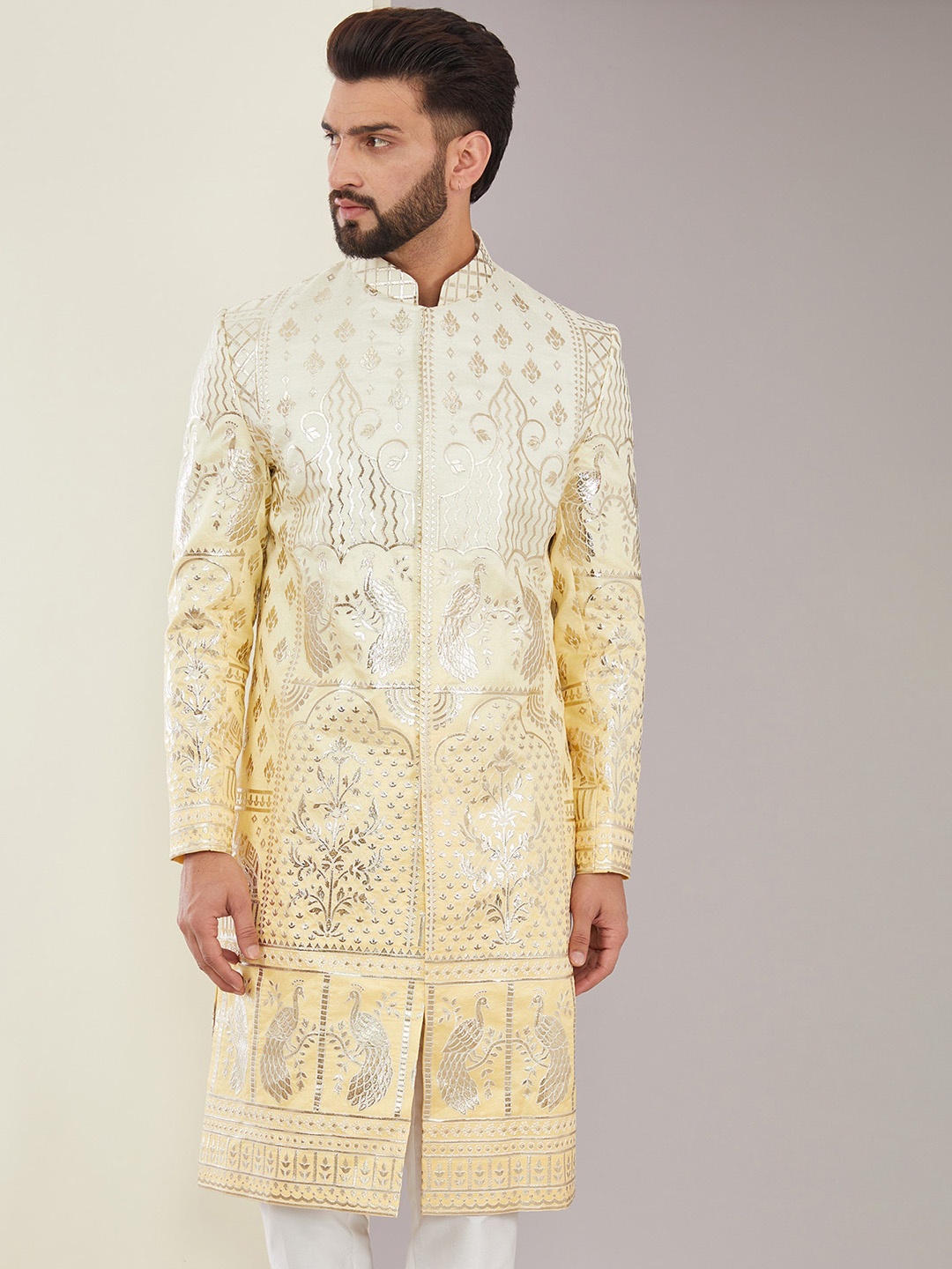 

KASBAH CLOTHING NISHCHAIY SAJDEH Men Ethnic Motifs Printed Chanderi Silk Kurta, Yellow