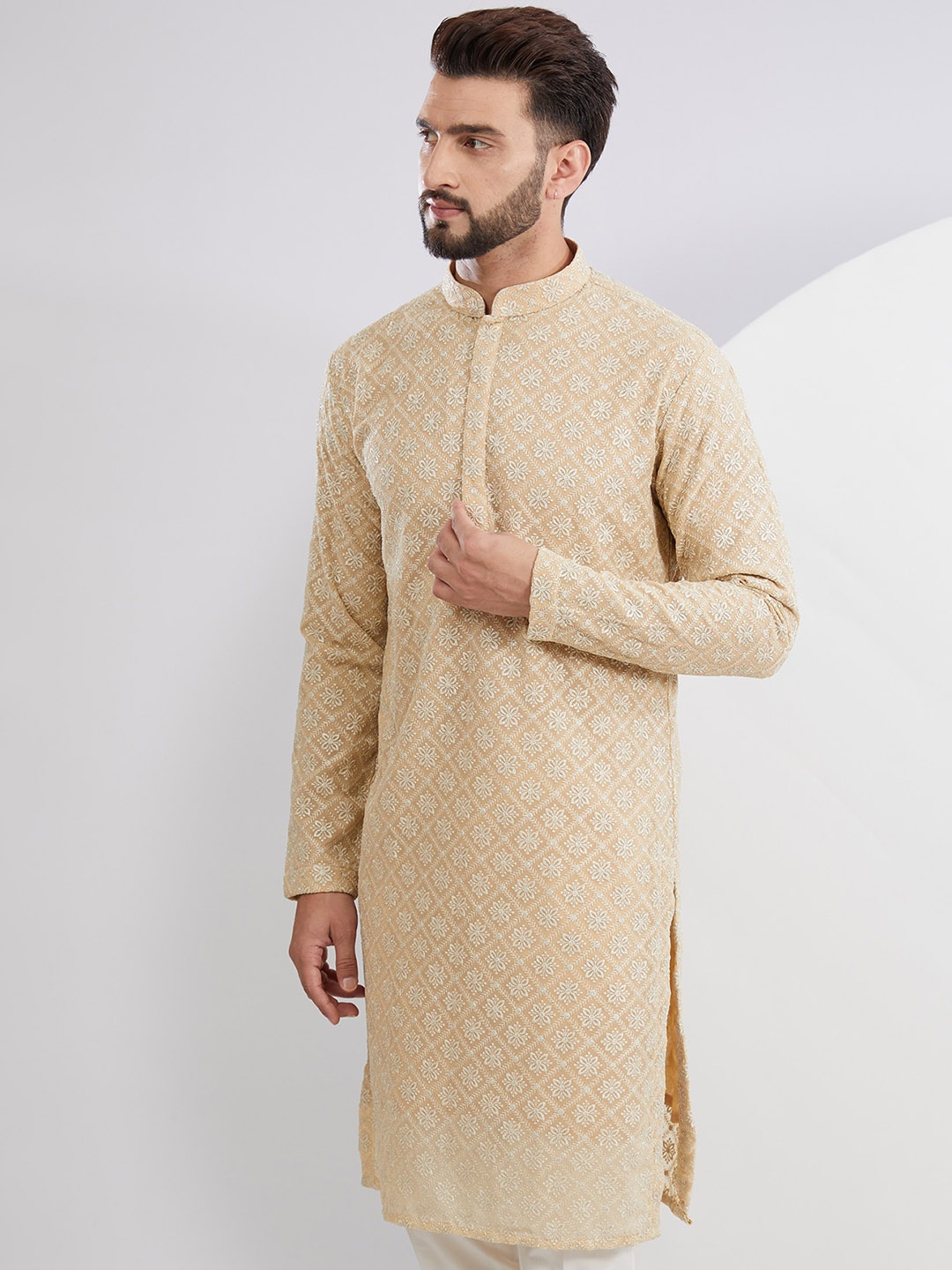 

KASBAH CLOTHING NISHCHAIY SAJDEH Men Thread Work Georgette Kurta, Gold