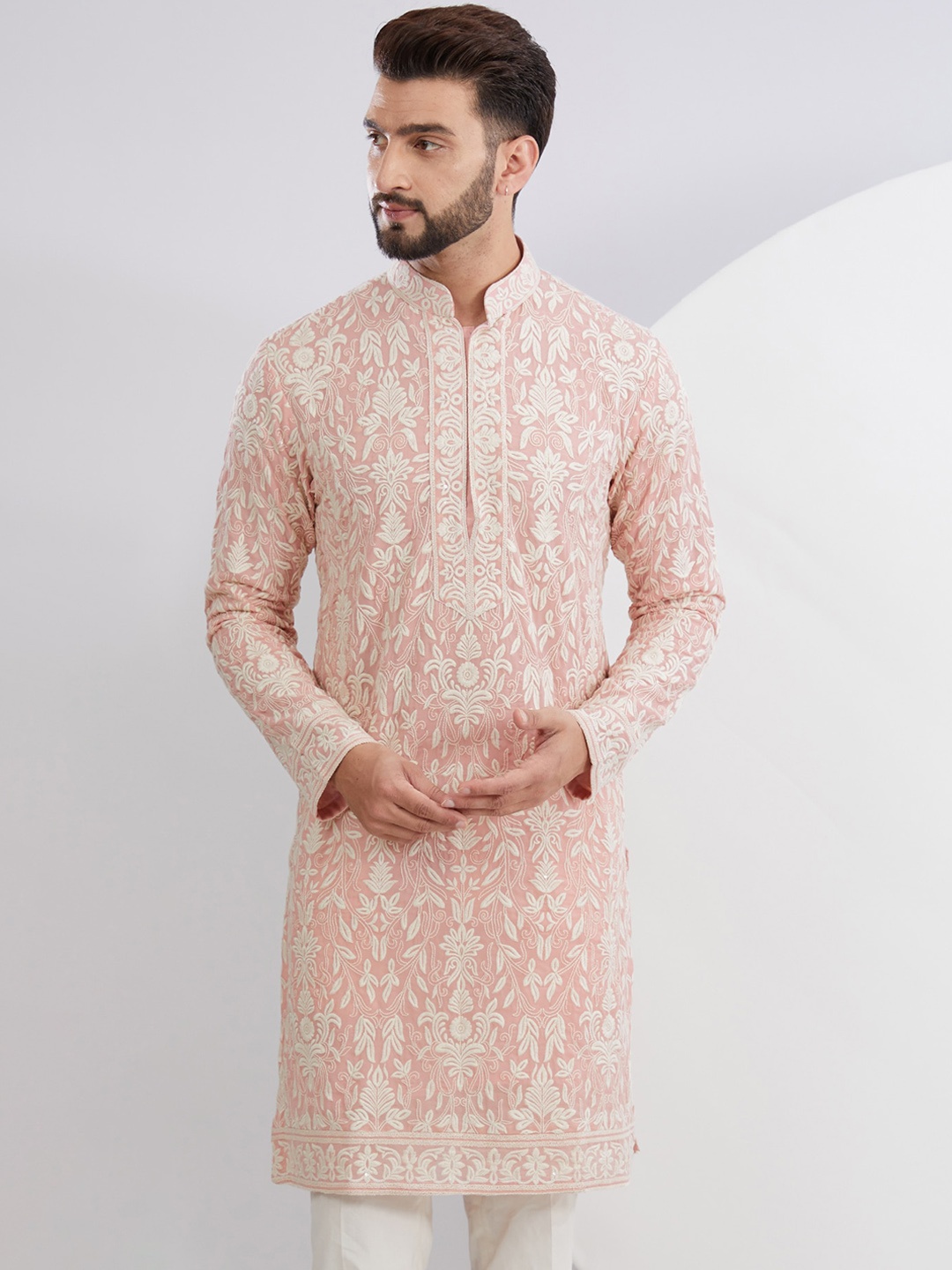 

KASBAH CLOTHING NISHCHAIY SAJDEH Men Thread Work Georgette Kurta, Pink