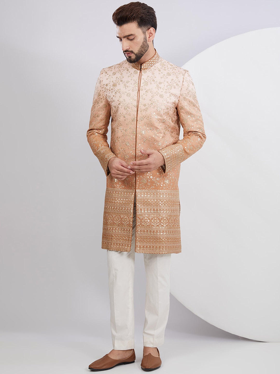 

KASBAH CLOTHING NISHCHAIY SAJDEH Men Ethnic Motifs Thread Work Kurta, Beige