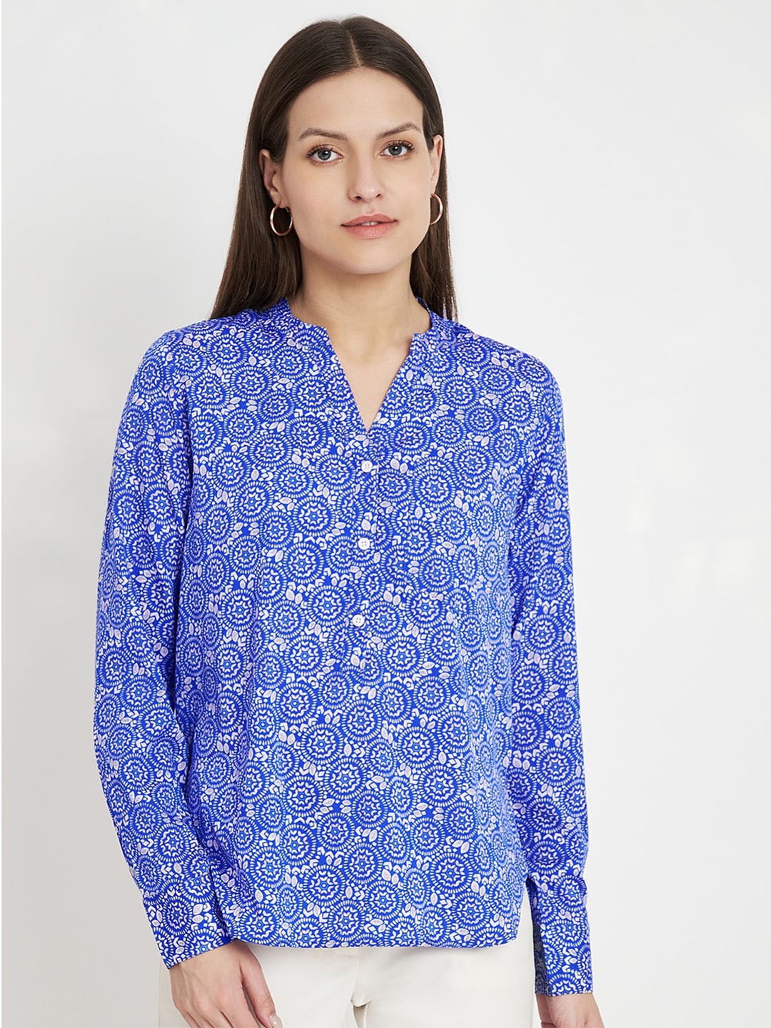 

CHARMGAL Women Classic Floral Opaque Printed Casual Shirt, Blue