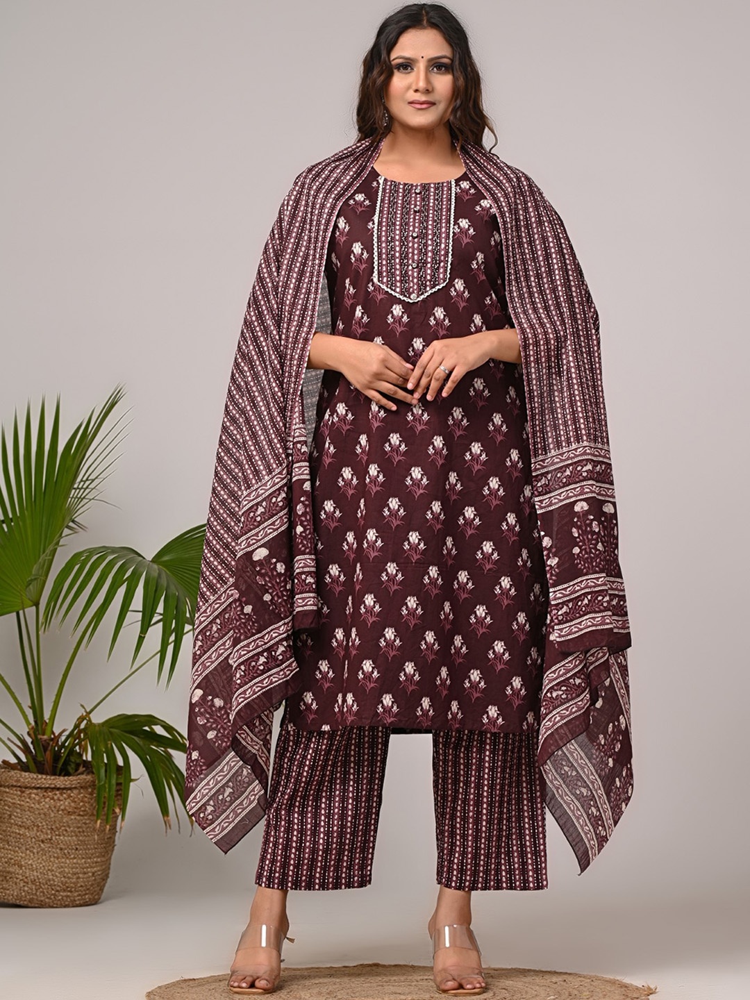 

KALINI Floral Printed Pure Cotton Straight Kurta with Trousers & Dupatta, Brown