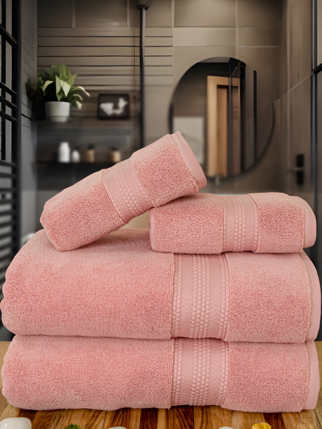 

RANGOLI Peach 4 Pieces Pure Cotton 625 GSM Towel Set