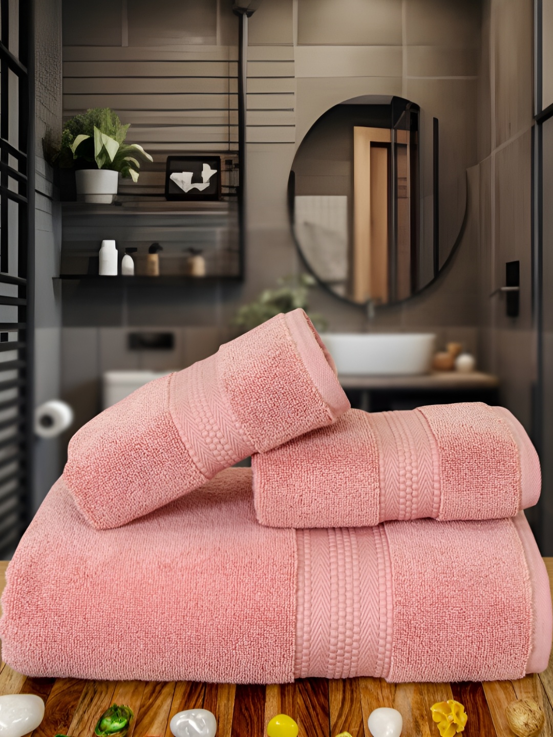

RANGOLI Peach 3 Pieces Pure Cotton 625 GSM Towel Set