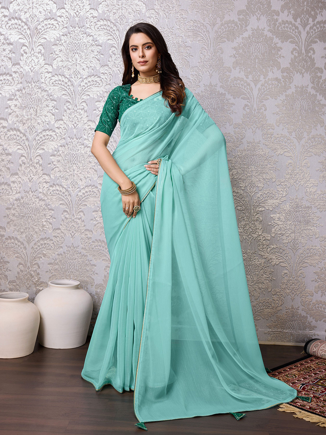 

Mitera Ethnic Pure Chiffon Saree, Teal
