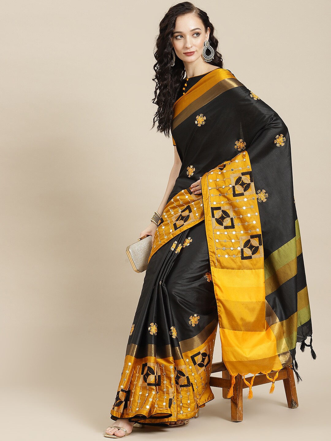 

KALINI Floral Embroidered Silk Cotton Saree, Black