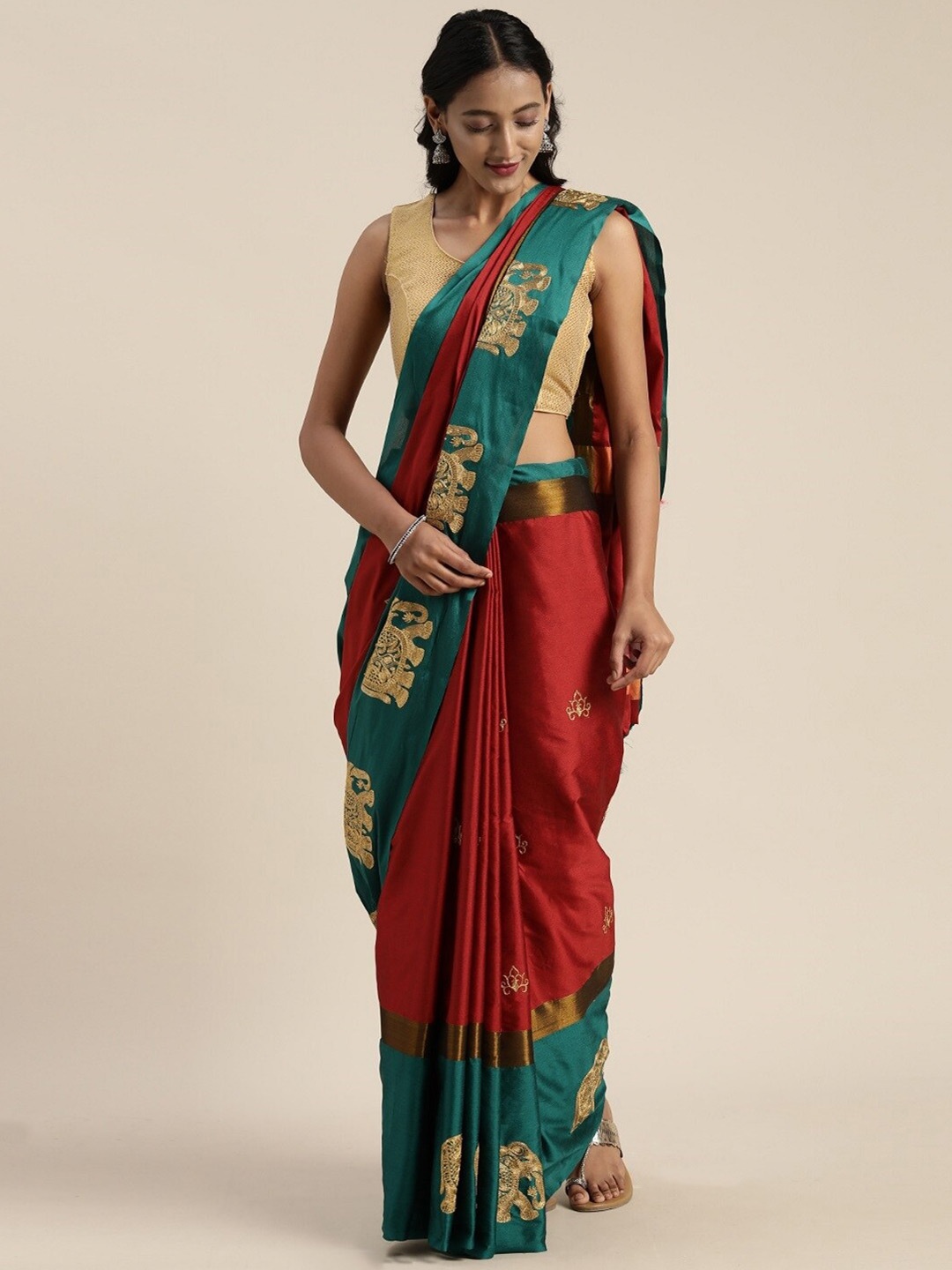 

KALINI Floral Embroidered Silk Cotton Saree, Red