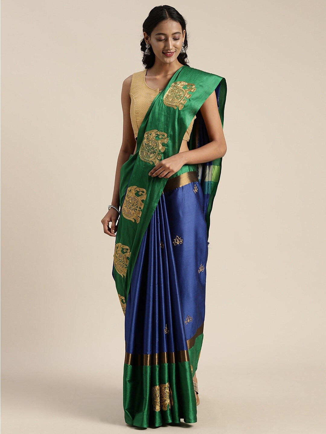 

KALINI Floral Embroidered Silk Cotton Saree, Green