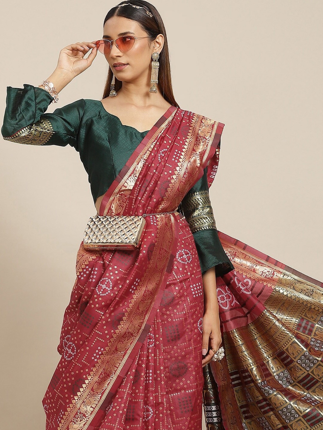 

KALINI Woven Design Zari Silk Cotton Banarasi Saree, Maroon