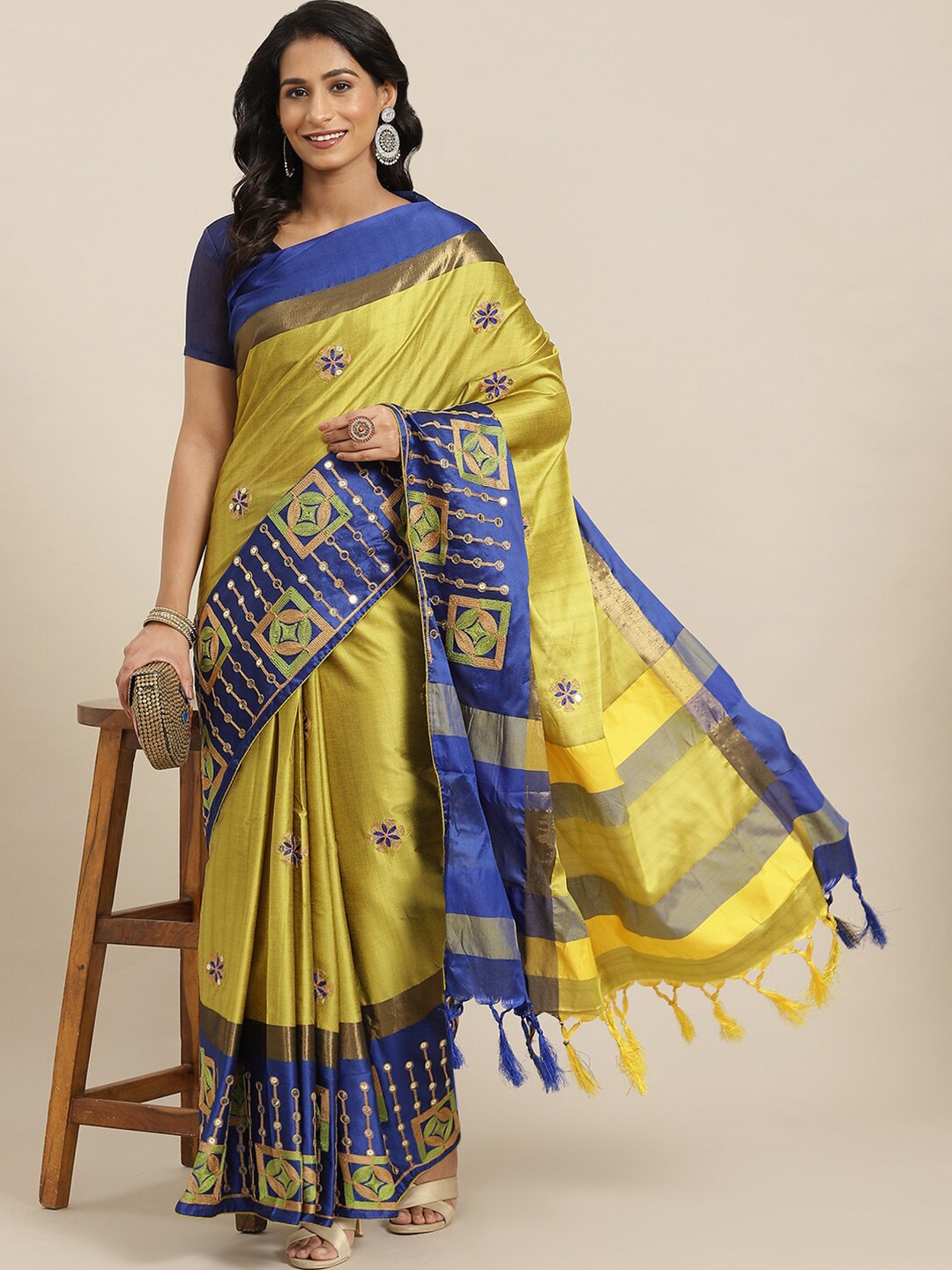 

KALINI Floral Embroidered Silk Cotton Saree, Yellow