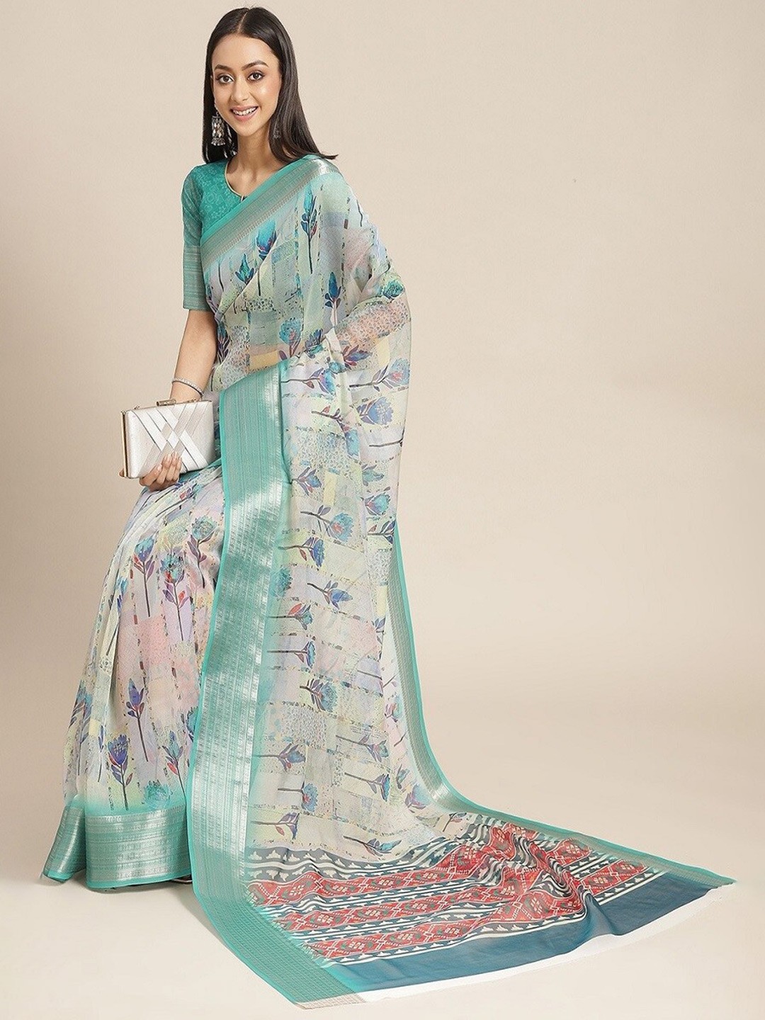

KALINI Floral Printed Zari Saree, Cream
