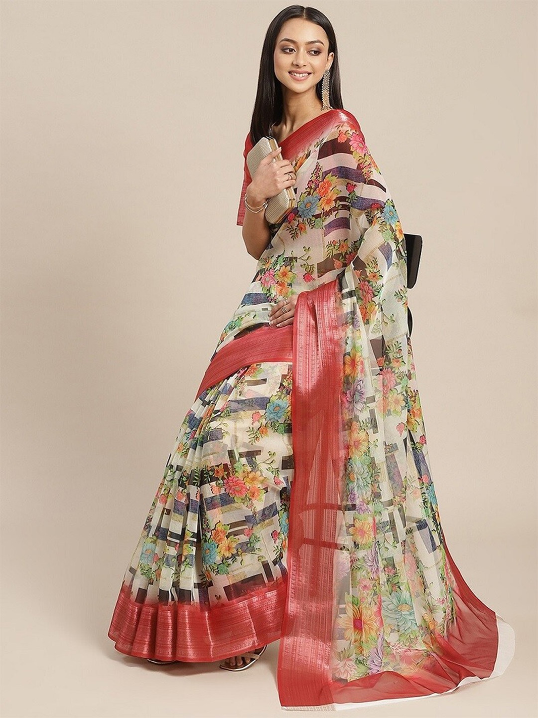 KALINI Floral Printed Zari Saree, Beige