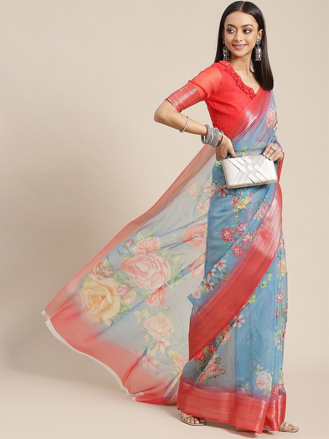 

KALINI Floral Printed Zari Saree, Turquoise blue