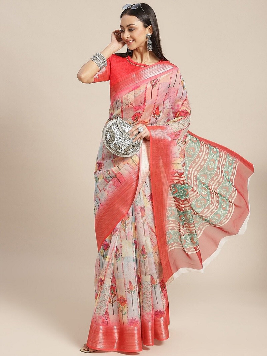

KALINI Floral Printed Zari Organza Saree, Beige