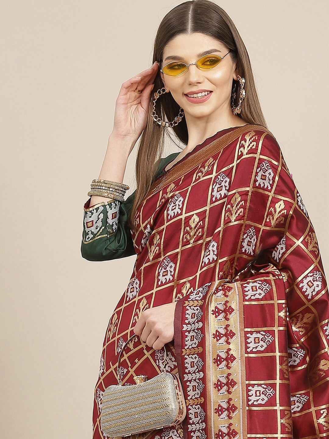 

KALINI Woven Design Silk Cotton Banarasi Zari Saree, Maroon