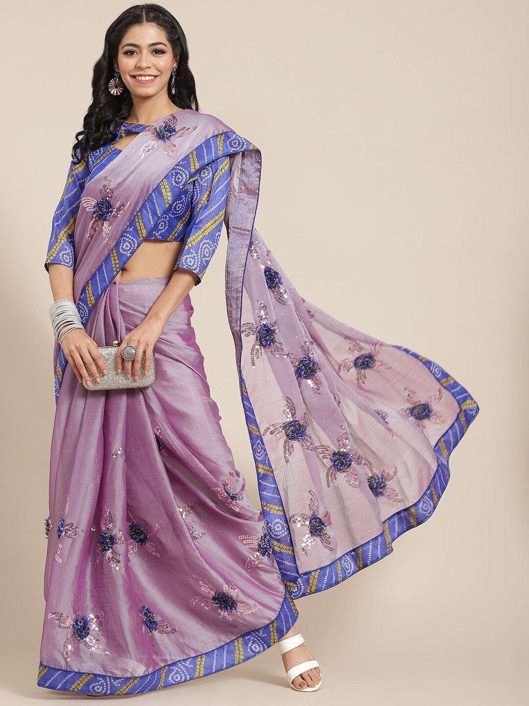 

KALINI Bandhani Sequinned Pure Chiffon Saree, Blue