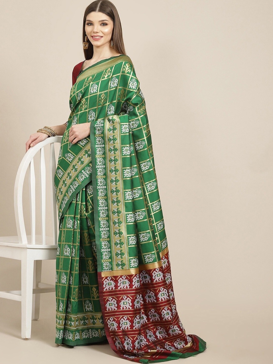 

KALINI Woven Design Zari Silk Cotton Banarasi Saree, Green