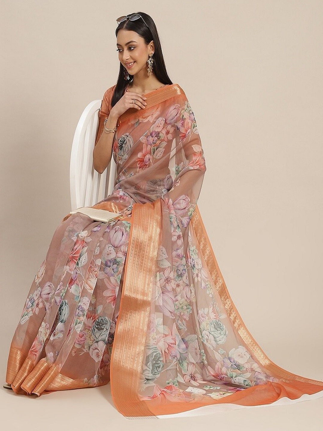 

KALINI Floral Printed Zari Organza Saree, Beige