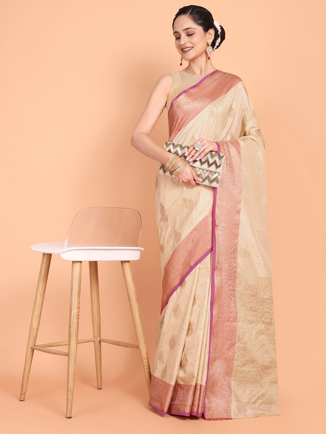 

KAZIA Woven Design Pure Silk Banarasi Zari Saree, Cream