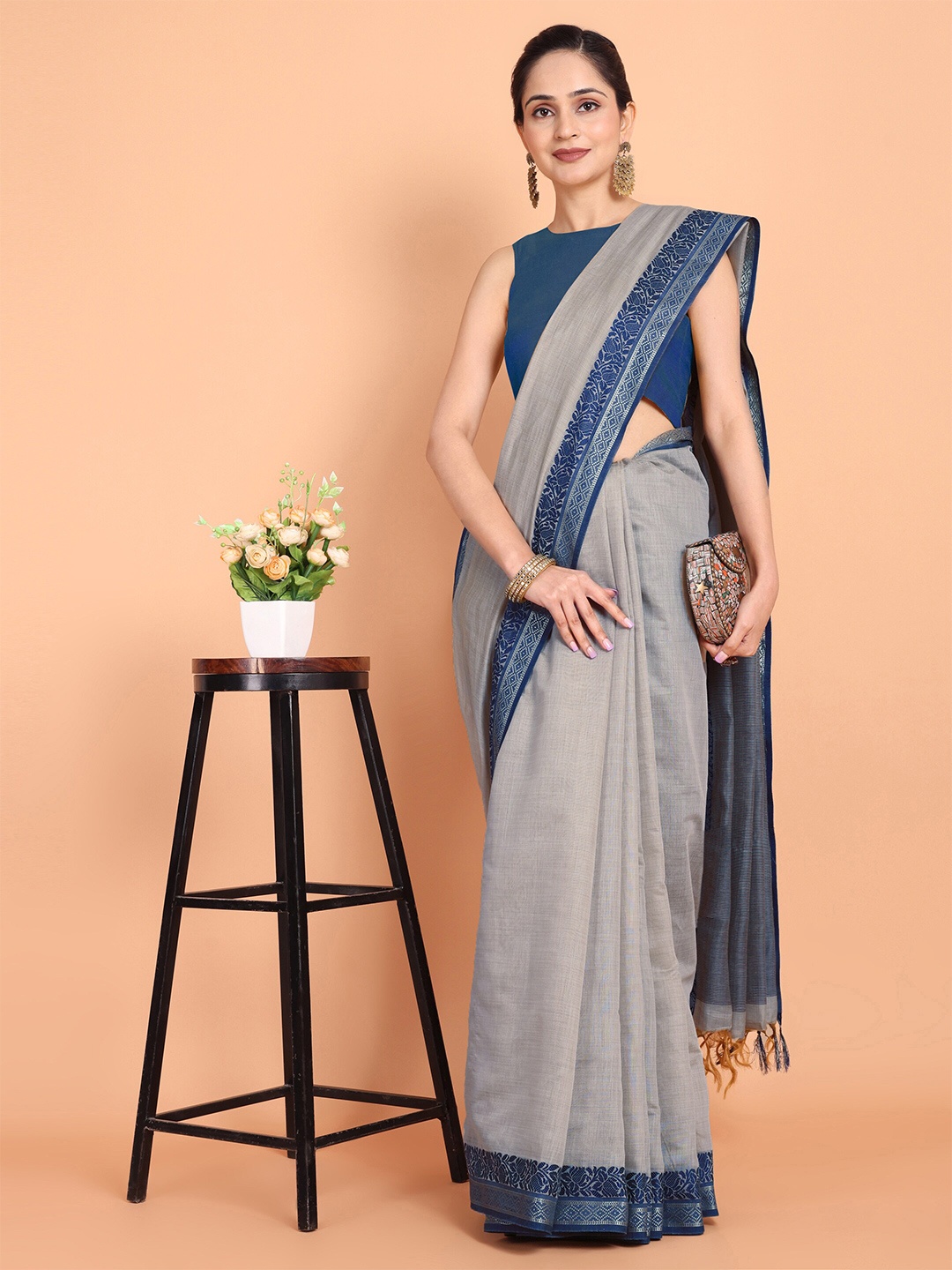 

KAZIA Woven Design Printed Banarasi Saree, Grey