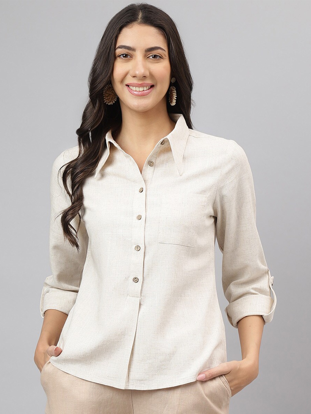 

Latin Quarters Women Slim Fit Opaque Casual Shirt, Beige