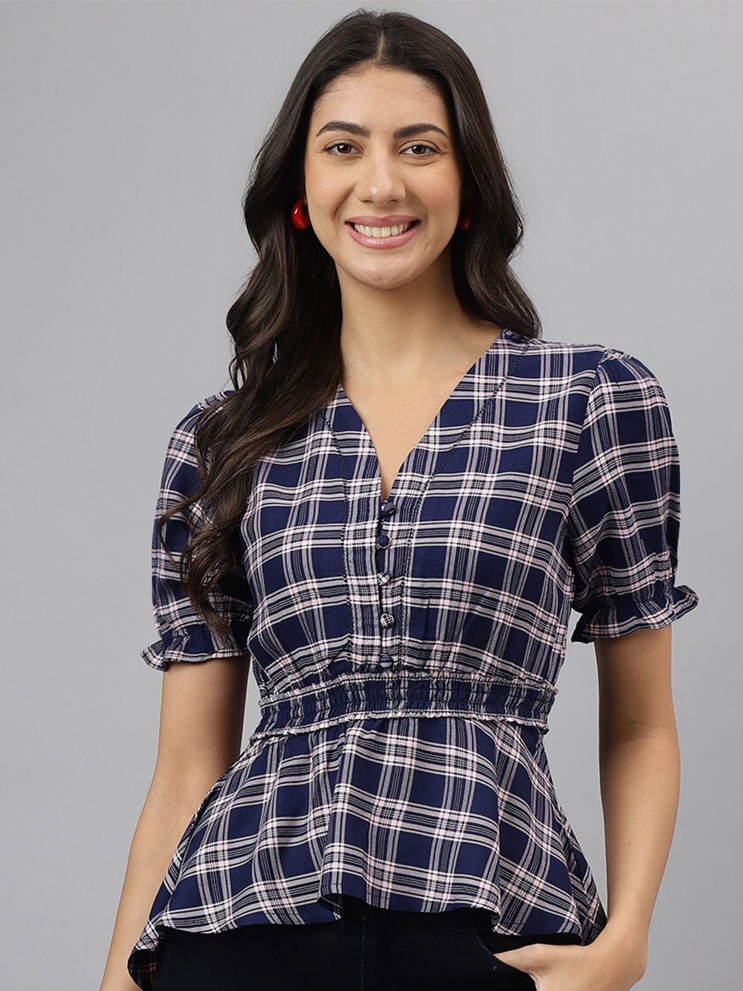 

Latin Quarters Women Slim Fit Tartan Checks Opaque Checked Casual Shirt, Navy blue