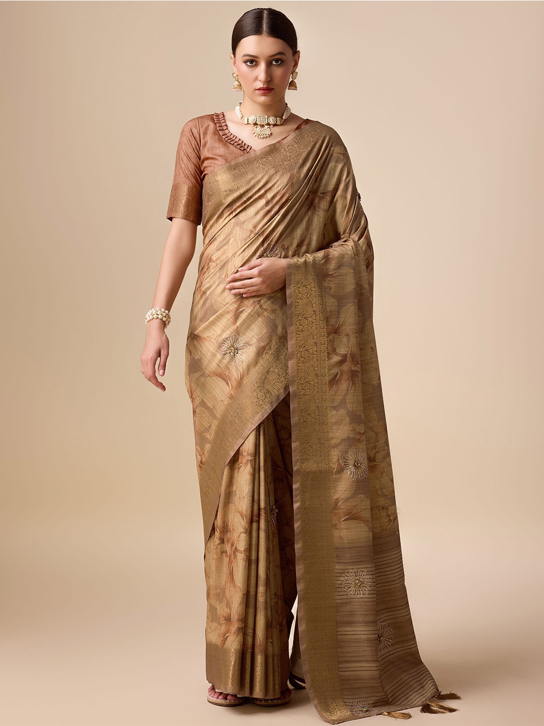 Mitera Floral Zari Pure Silk Saree, Beige