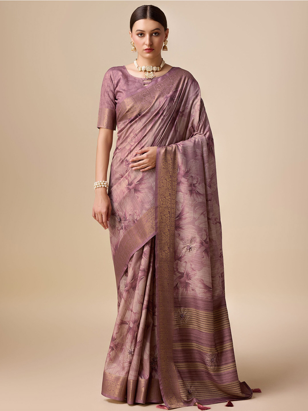 

Mitera Floral Printed Zari Pure Silk Saree, Purple