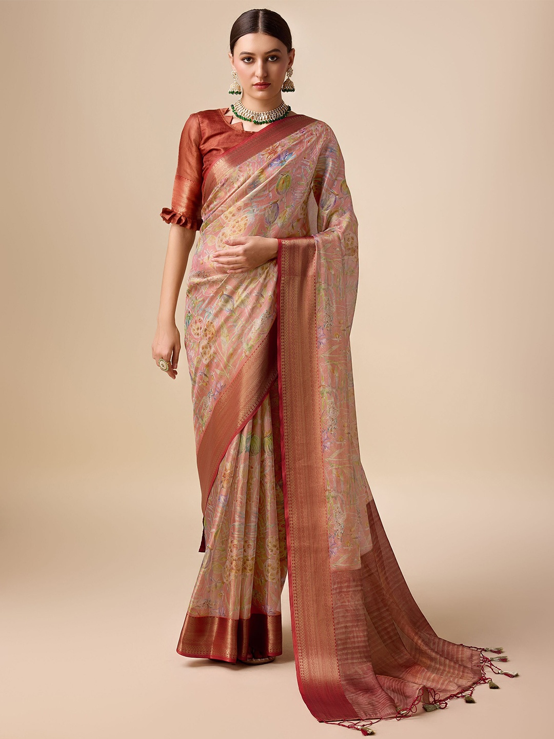 Mitera Floral Zari Organza Saree with Tassels, Rust