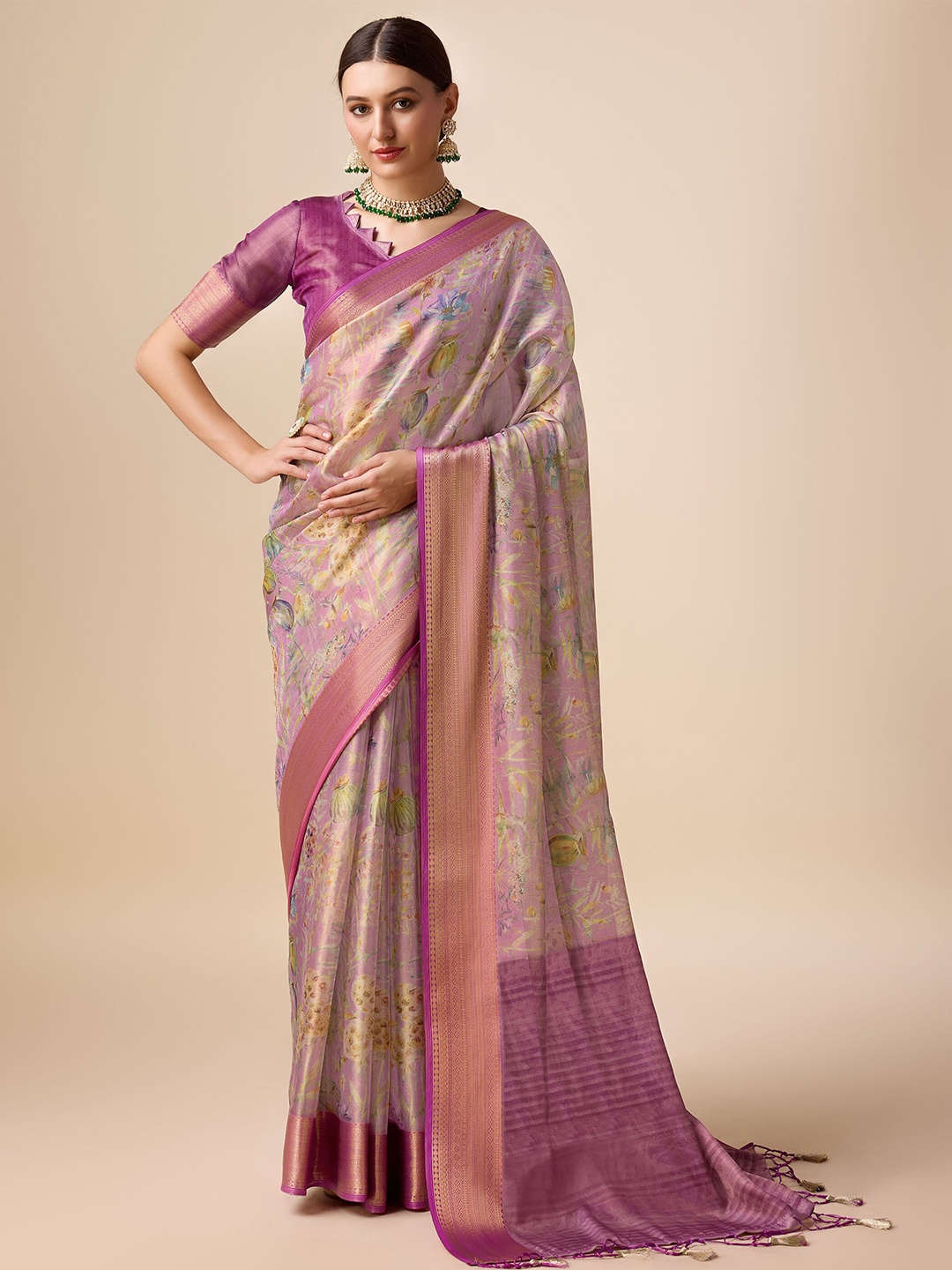 

Mitera Floral Printed Zari Organza Saree, Purple