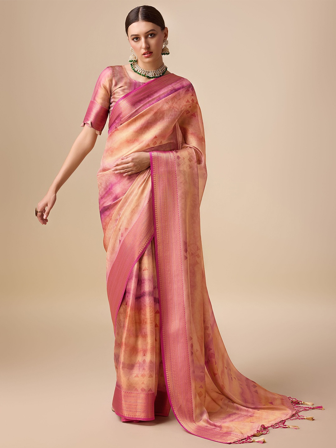 

Mitera Woven Design Organza Saree with Tassels, Pink